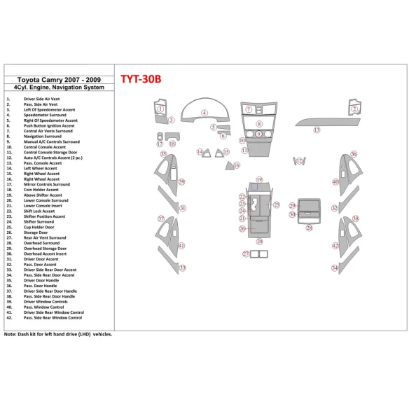 Toyota Camry 2007-2010 Full Set, 4 Cyl With NAVI Interior BD Dash Trim Kit
