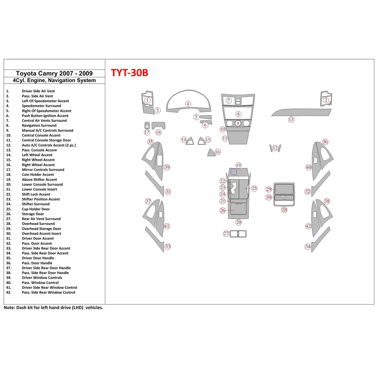 Toyota Camry 2007-2010 Full Set, 4 Cyl With NAVI Interior BD Dash Trim Kit