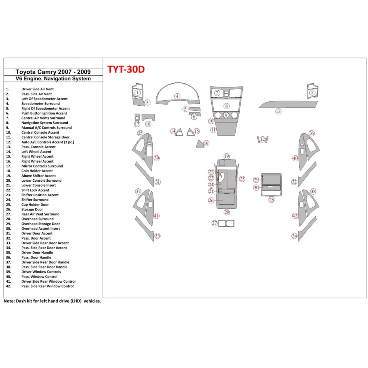 Toyota Camry 2007-2010 Full Set, 6 Cyl With NAVI Interior BD Dash Trim Kit