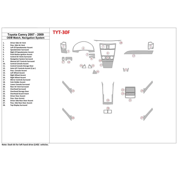 Toyota Camry 2007-2010 Full Set, With OEM Wood Kit, With NAVI Interior BD Dash Trim Kit