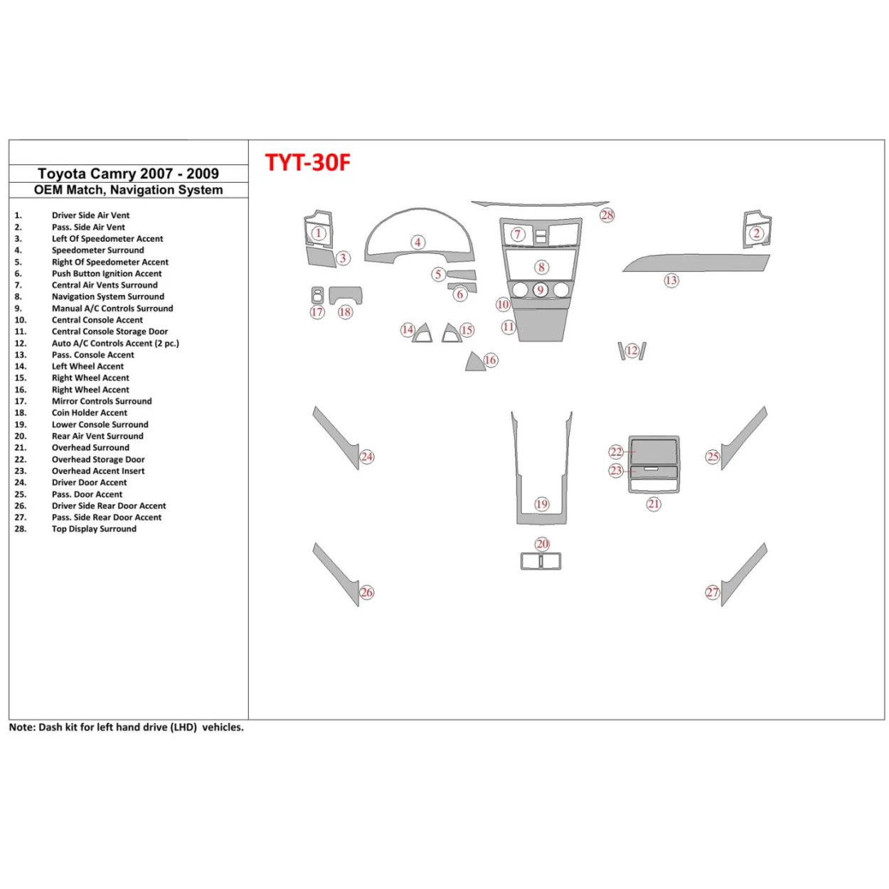 Toyota Camry 2007-2010 Full Set, With OEM Wood Kit, With NAVI Interior BD Dash Trim Kit