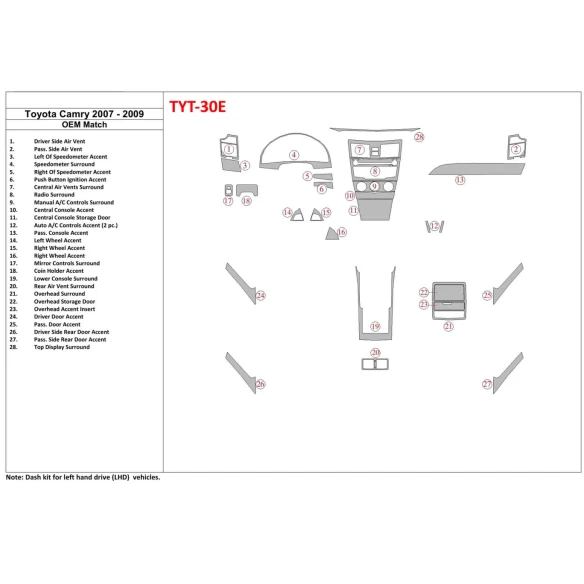 Toyota Camry 2007-2010 Full Set, With OEM Wood Kit, Without NAVI Interior BD Dash Trim Kit