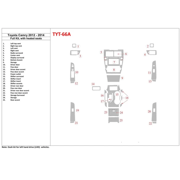 Toyota Camry 2012-UP Full Set, With Heating Seats Interior BD Dash Trim Kit