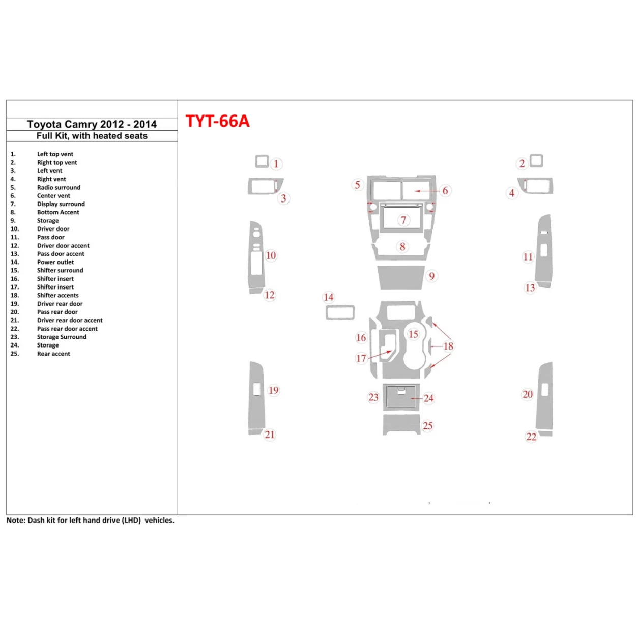 Toyota Camry 2012-UP Full Set, With Heating Seats Interior BD Dash Trim Kit