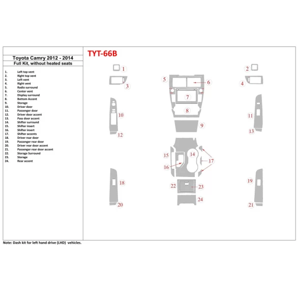 Toyota Camry 2012-UP Full Set, Without Seats Heating Interior BD Dash Trim Kit