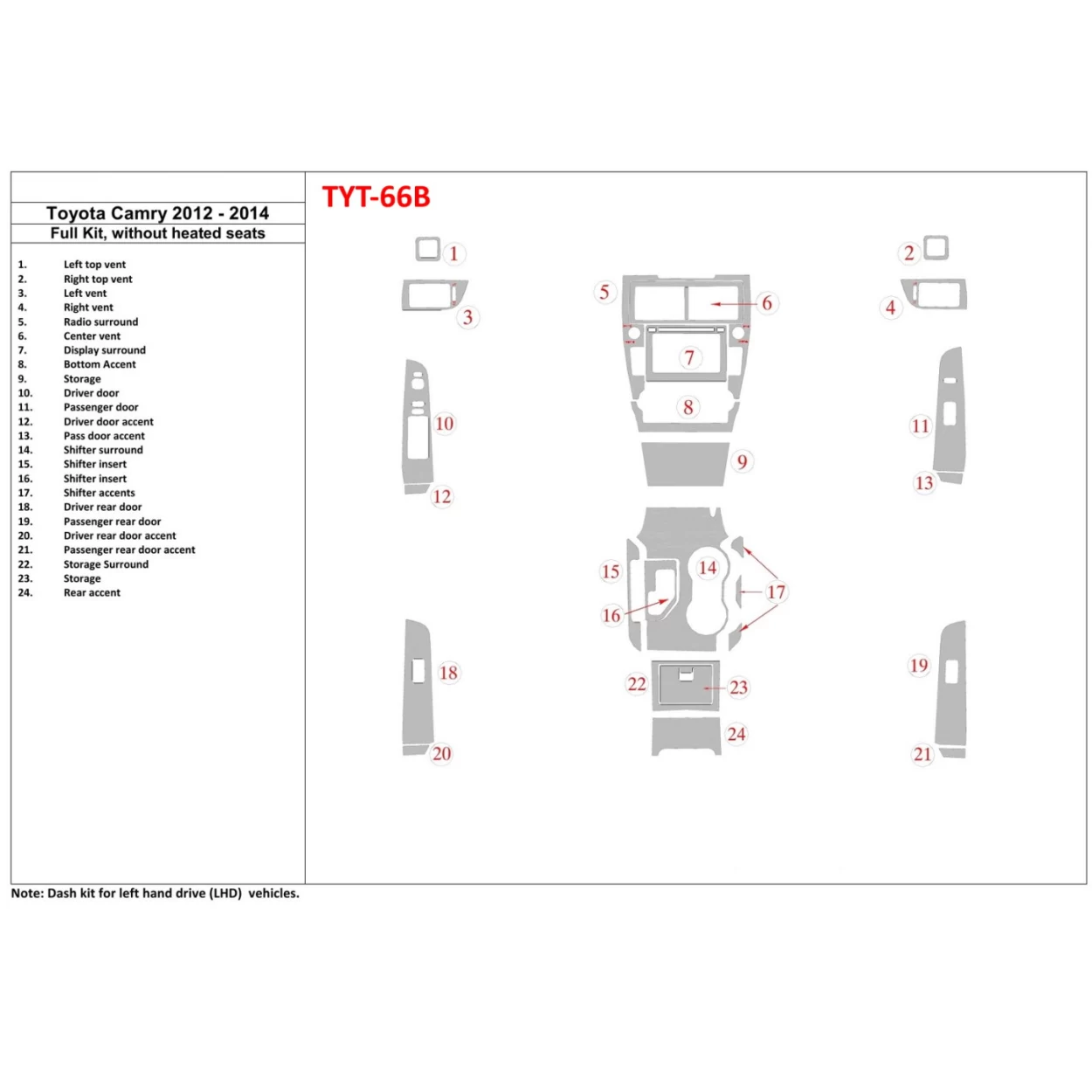 Toyota Camry 2012-UP Full Set, Without Seats Heating Interior BD Dash Trim Kit