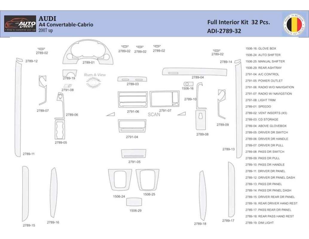 Audi A4 B7 Cabrio 2004–2008 Interior WHZ Dashboard trim kit 32 Parts - 1 - Interior Dash Trim Kit