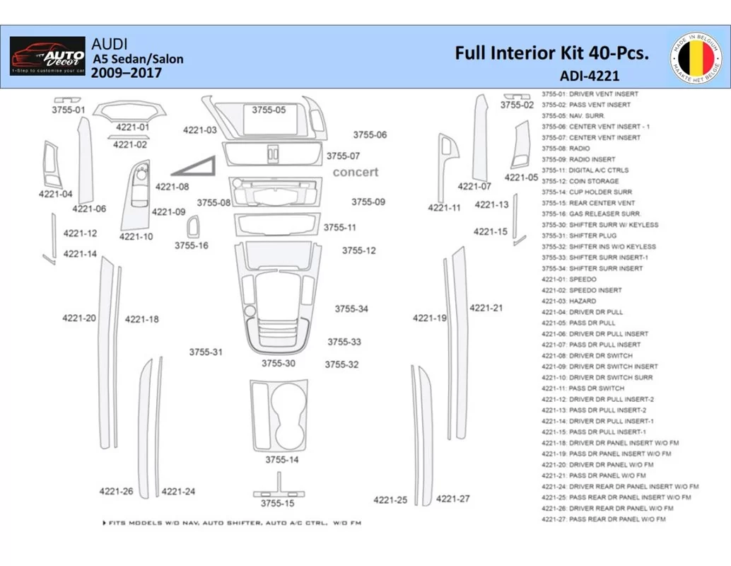 Audi A5 2008–2016 Interior WHZ Dashboard trim kit 40 Parts - 1 - Interior Dash Trim Kit