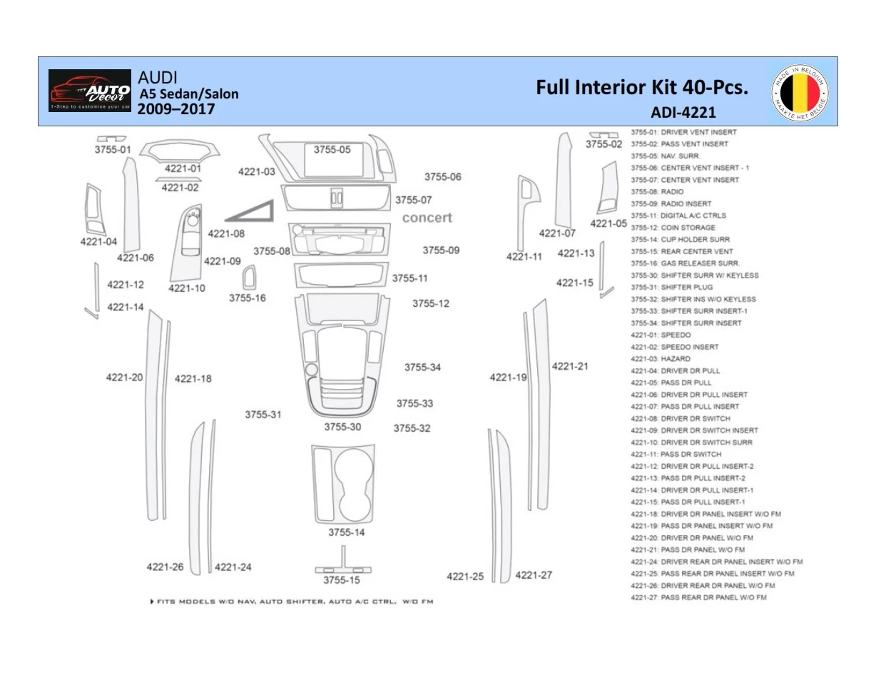 Audi A5 2008–2016 Interior WHZ Dashboard trim kit 40 Parts - 1 - Interior Dash Trim Kit