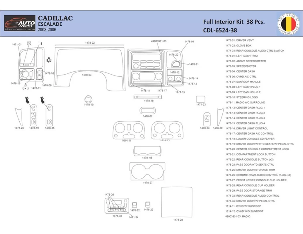 Cadillac Escalade 2003–2006 Interior WHZ Dashboard trim kit 34 Parts - 1 - Interior Dash Trim Kit