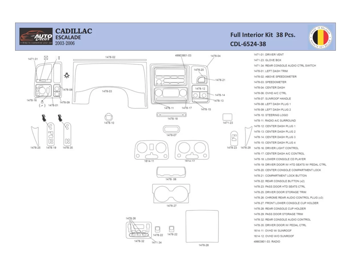 Cadillac Escalade 2003–2006 Interior WHZ Dashboard trim kit 34 Parts - 1 - Interior Dash Trim Kit