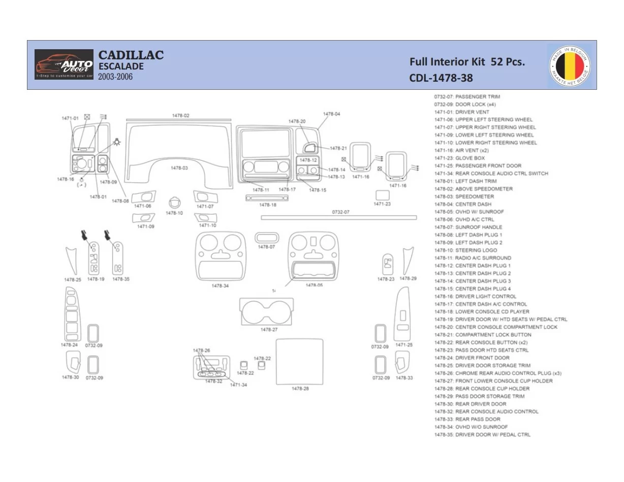 Cadillac Escalade 2003–2006 Interior WHZ Dashboard trim kit 52 Parts - 1 - Interior Dash Trim Kit