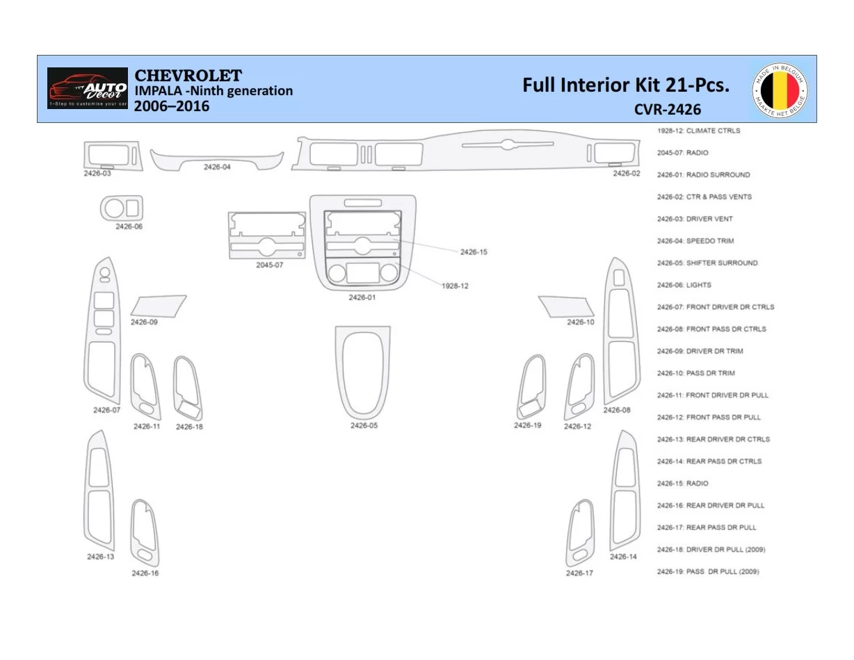 Chevrolet Impala 2006-2015 Interior WHZ Dashboard trim kit 21 Parts - 1 - Interior Dash Trim Kit