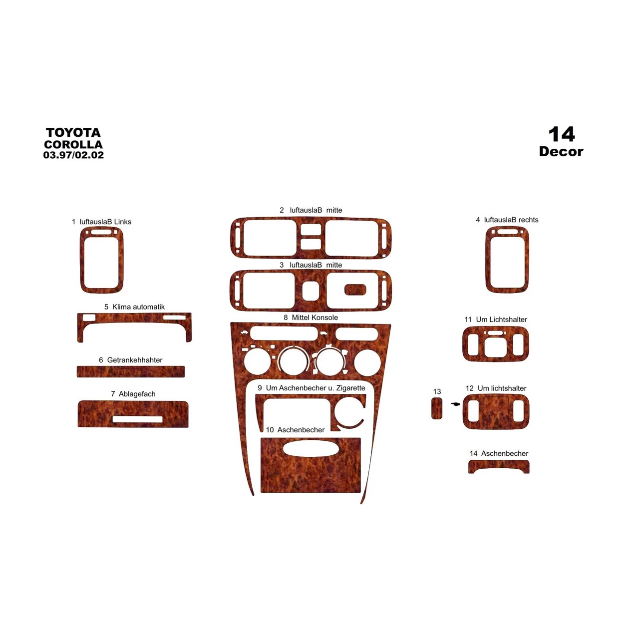 Toyota Corolla 1998-2002 Full Set, 25 Parts set Interior BD Dash Trim Kit
