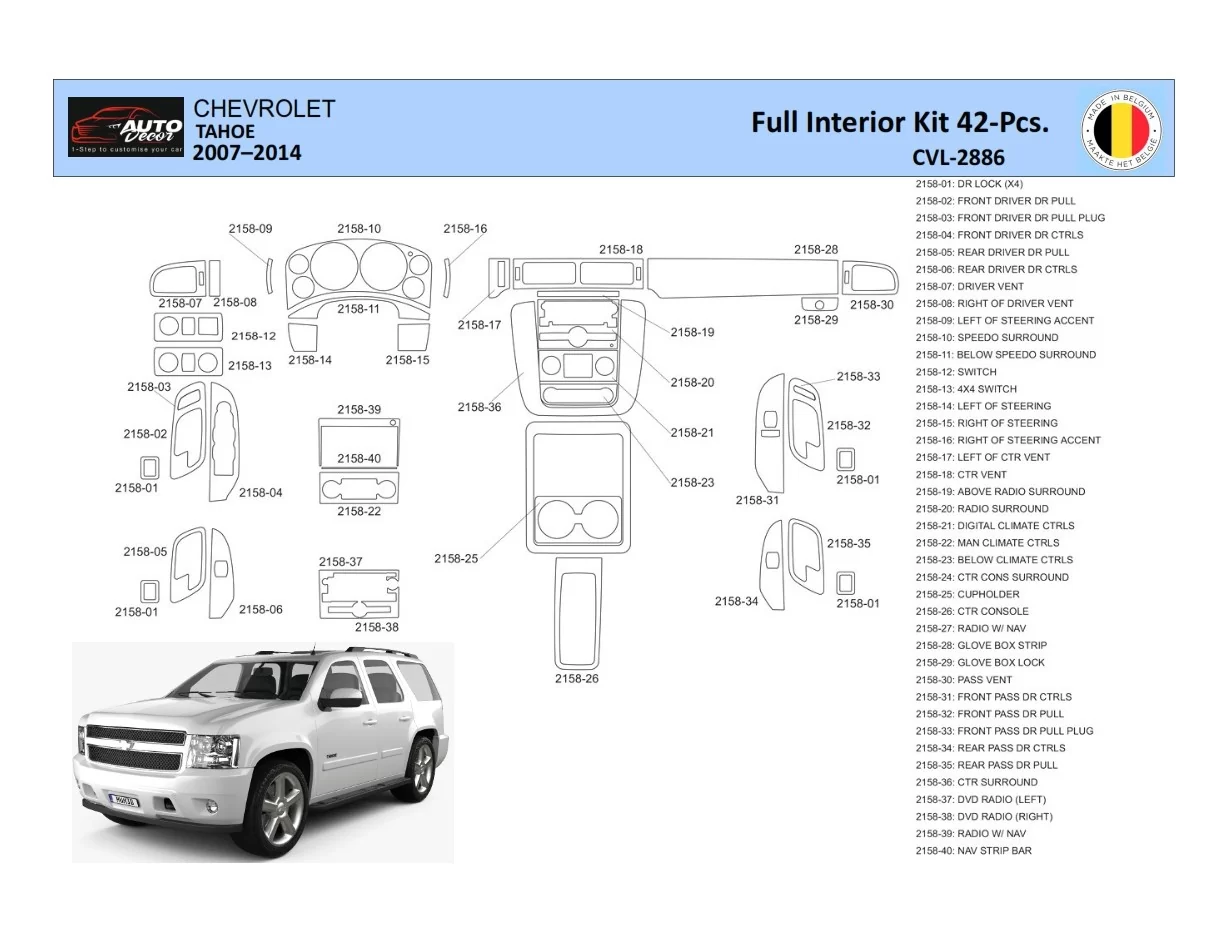 Chevrolet Tahoe 2007-2014 Interior WHZ Dashboard trim kit 42 Parts - 1 - Interior Dash Trim Kit