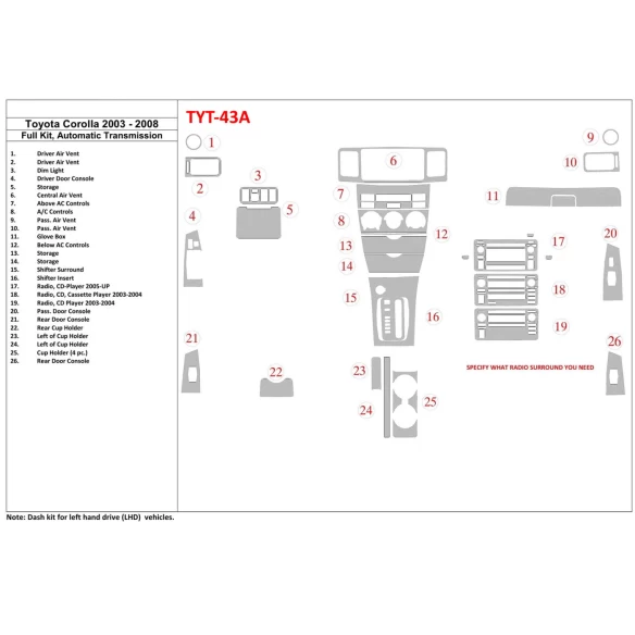 Toyota Corolla 2003-2008 Full Set Interior BD Dash Trim Kit