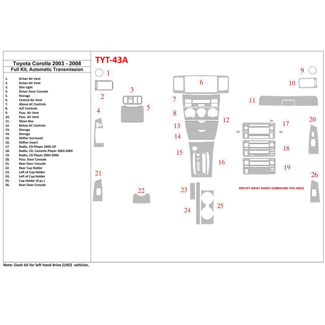 Toyota Corolla 2003-2008 Full Set Interior BD Dash Trim Kit