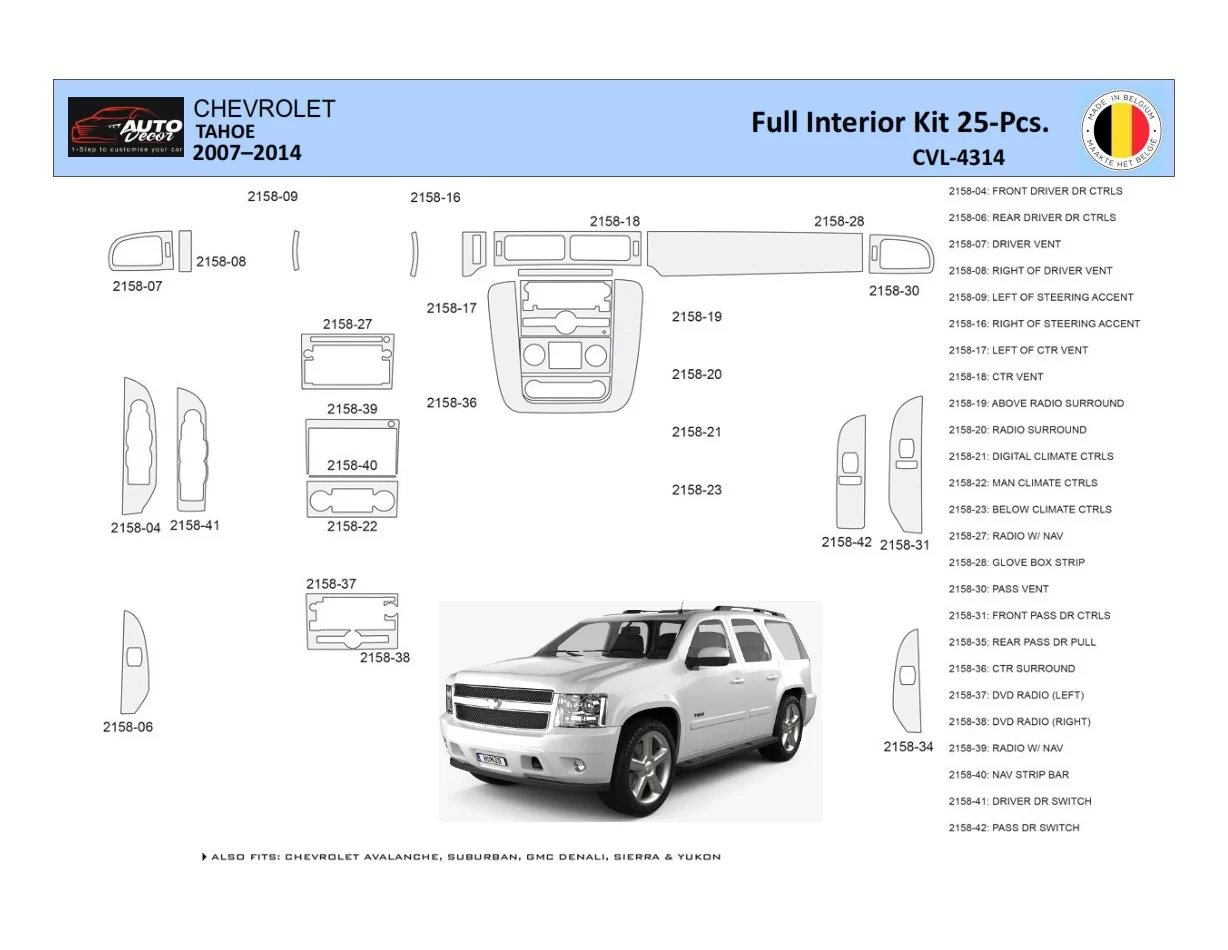 Chevrolet Tahoe 2007-2014 Interior WHZ Dashboard trim kit 25 Parts - 1 - Interior Dash Trim Kit