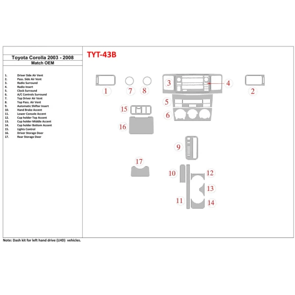 Toyota Corolla 2003-2008 OEM Compliance Interior BD Dash Trim Kit
