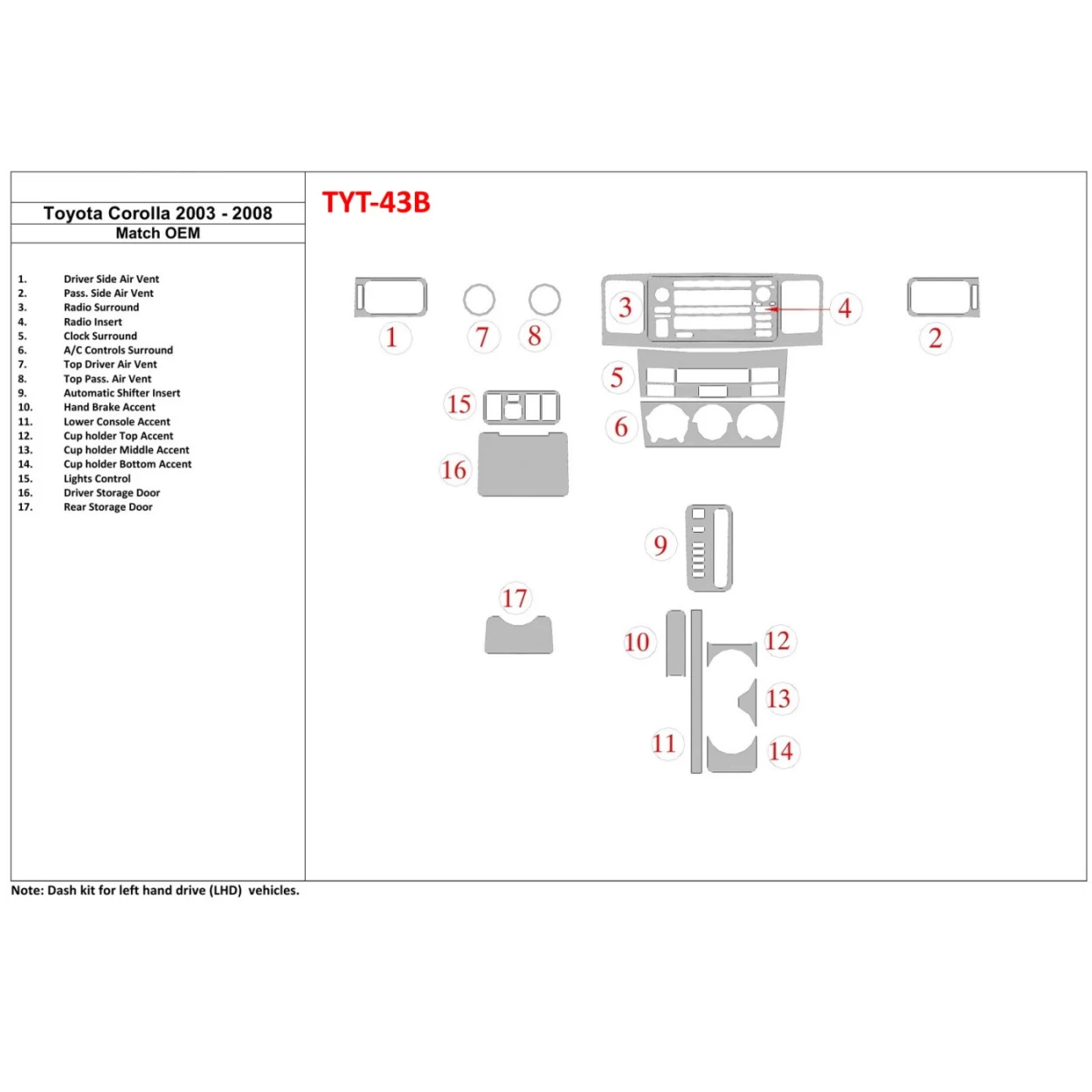 Toyota Corolla 2003-2008 OEM Compliance Interior BD Dash Trim Kit