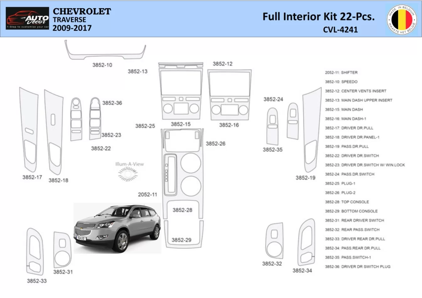 Chevrolet Traverse 2013-2017 Interior WHZ Dashboard trim kit 22 Parts - 1 - Interior Dash Trim Kit
