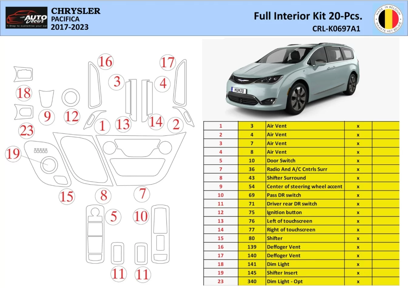 Chrysler Pacifica 2017-2023 Interior WHZ Dashboard trim kit 18 Parts - 1 - Interior Dash Trim Kit