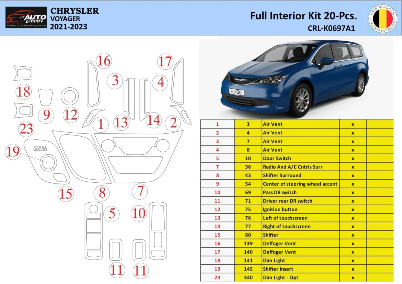 Chrysler Voyager 2021 Interior WHZ Dashboard trim kit 18 Parts - 1 - Interior Dash Trim Kit