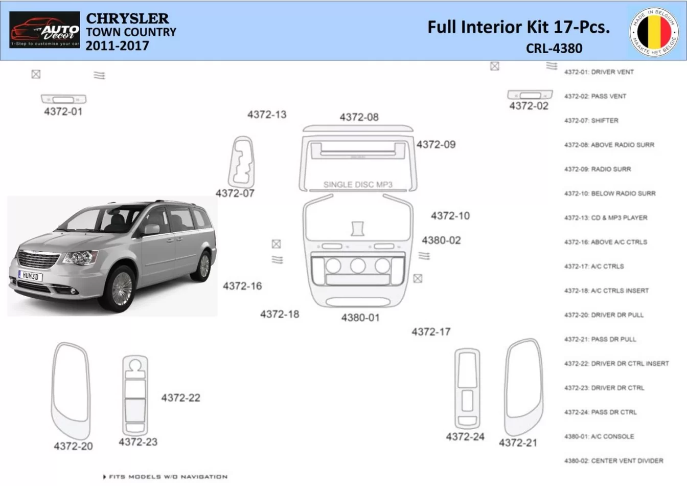 Chrysler Town Country 2011-2016 Interior WHZ Dashboard trim kit 18 Parts - 1 - Interior Dash Trim Kit