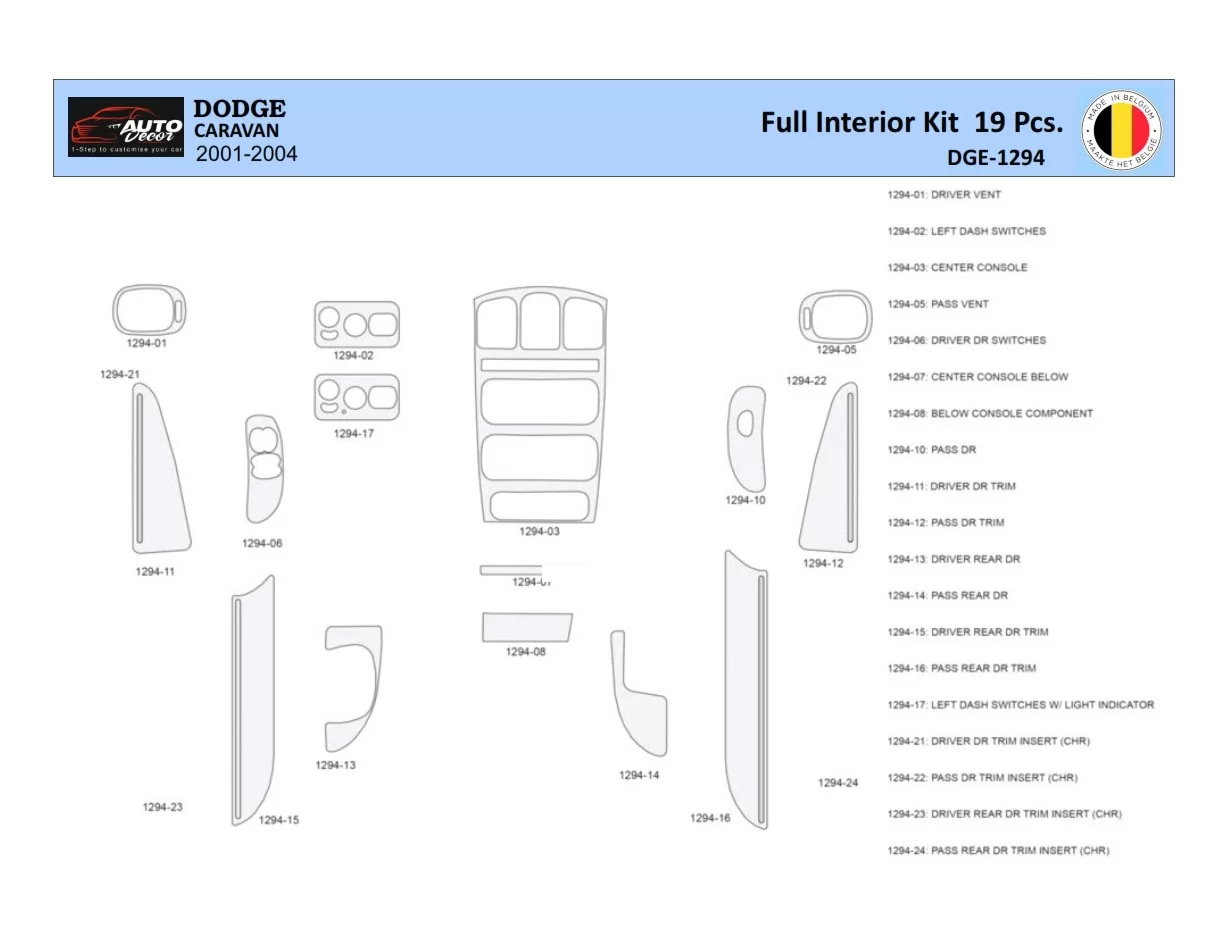 Dodge Caravan 2001-2004 Interior WHZ Dashboard trim kit 19 Parts - 1 - Interior Dash Trim Kit