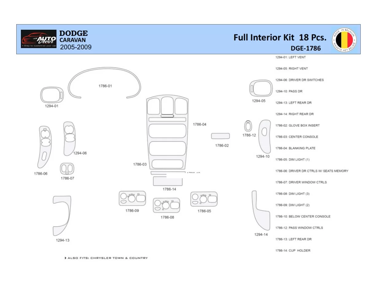 Dodge Caravan 2005-2007 Interior WHZ Dashboard trim kit 18 Parts - 1 - Interior Dash Trim Kit