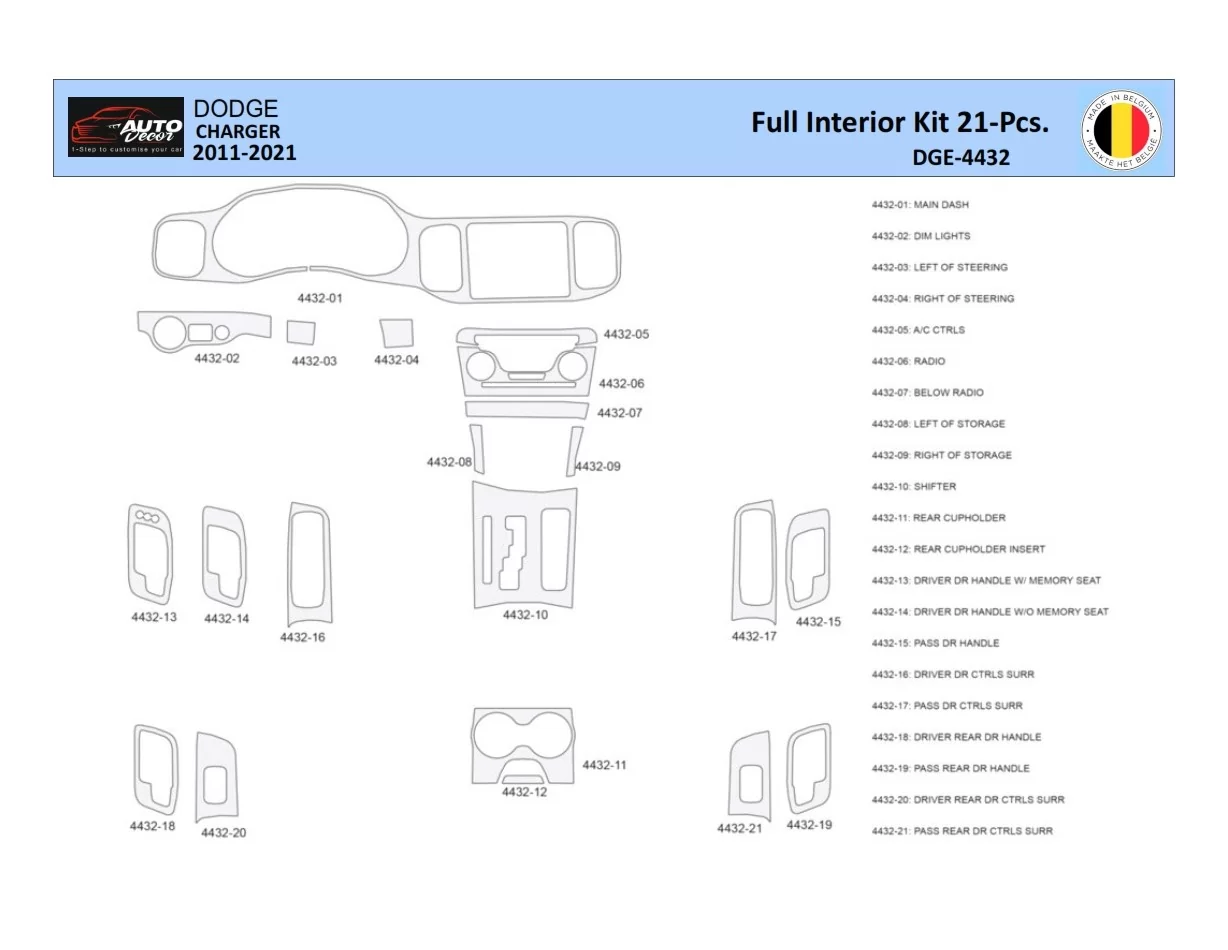 Dodge Charger LD 2011-2022 Interior WHZ Dashboard trim kit 21 Parts - 1 - Interior Dash Trim Kit