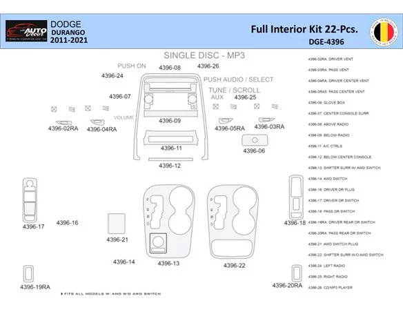 Dodge Durango WD 2011-2022 Interior WHZ Dashboard trim kit 22 Parts - 1 - Interior Dash Trim Kit