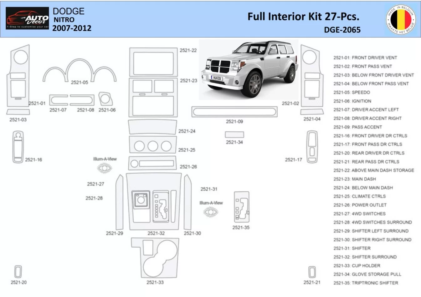 Dodge Nitro 2007-2012 Interior WHZ Dashboard trim kit 37 Parts - 1 - Interior Dash Trim Kit