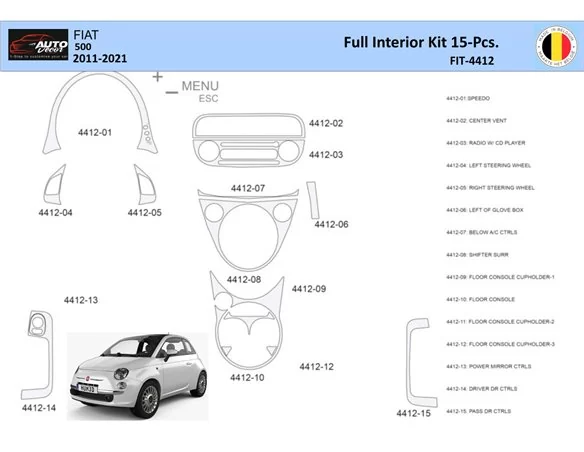 Fiat 500 2008-2020 Interior WHZ Dashboard trim kit 15 Parts - 1 - Interior Dash Trim Kit