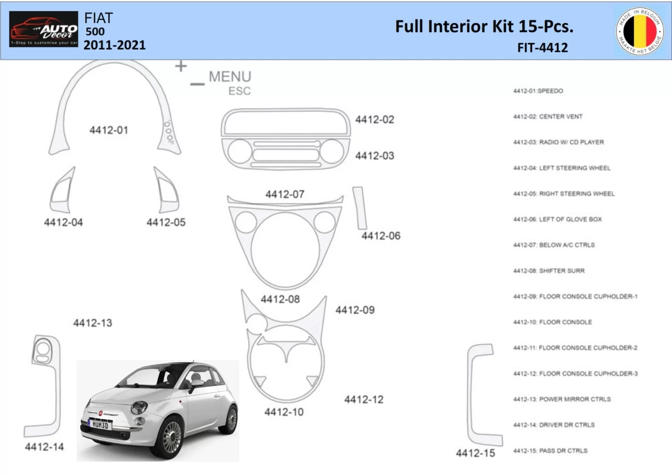 Fiat 500 2008-2020 Interior WHZ Dashboard trim kit 15 Parts - 1 - Interior Dash Trim Kit
