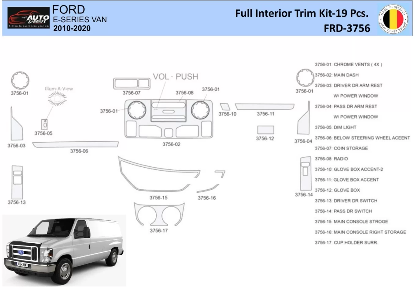 Ford E-Series E-Van 2012-2022 Interior WHZ Dashboard trim kit 19 Parts - 1 - Interior Dash Trim Kit