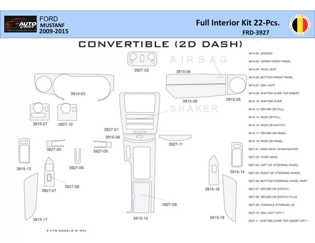 Ford Mustang  2010-2015 Interior WHZ Dashboard trim kit 22 Parts - 1 - Interior Dash Trim Kit