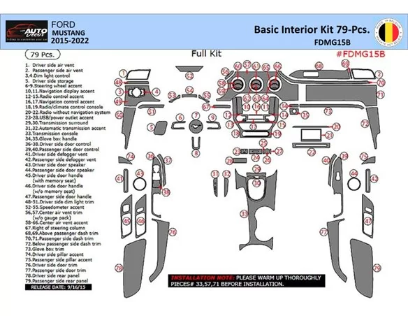 Ford Mustang 2015-2023 Interior WHZ Dashboard trim kit 67 Parts - 1 - Interior Dash Trim Kit