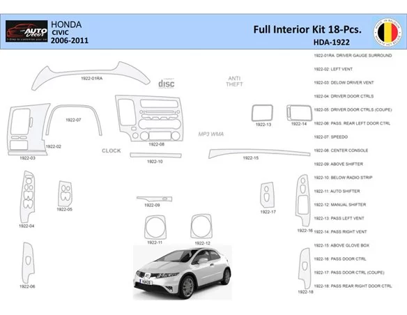 Honda Civic 2006-2011 Interior WHZ Dashboard trim kit 18 Parts - 1 - Interior Dash Trim Kit