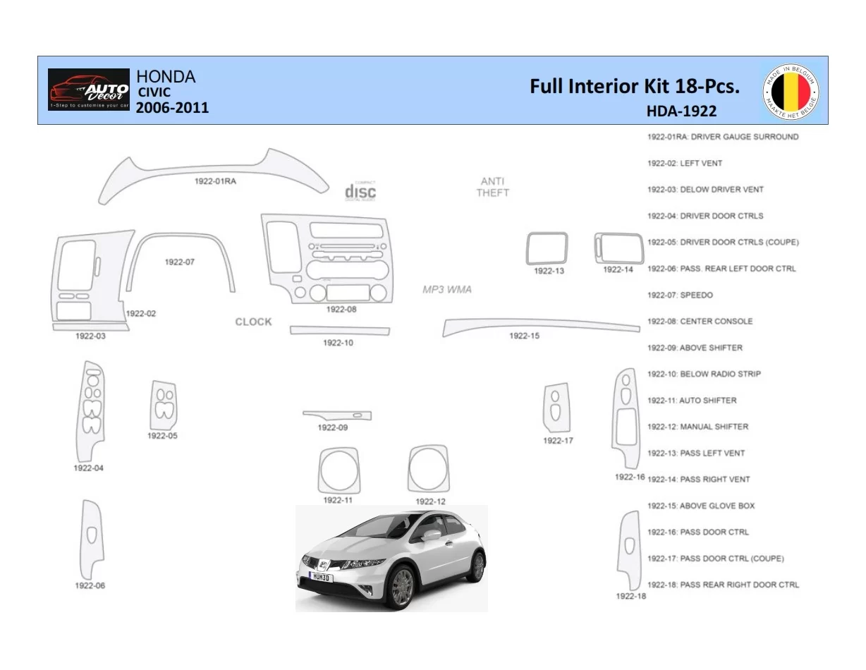 Honda Civic 2006-2011 Interior WHZ Dashboard trim kit 18 Parts - 1 - Interior Dash Trim Kit