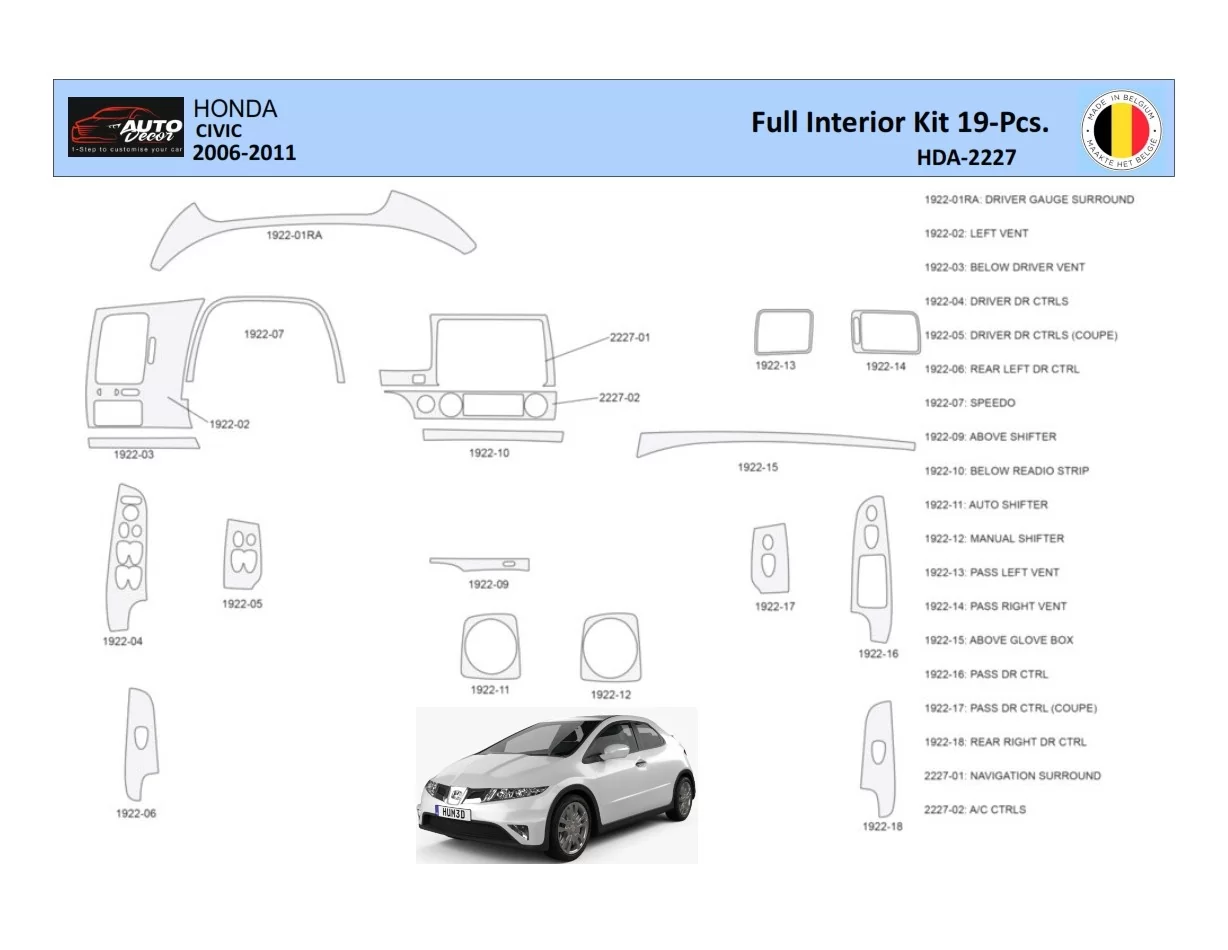 Honda Civic 2006-2011 Interior WHZ Dashboard trim kit 19 Parts - 1 - Interior Dash Trim Kit
