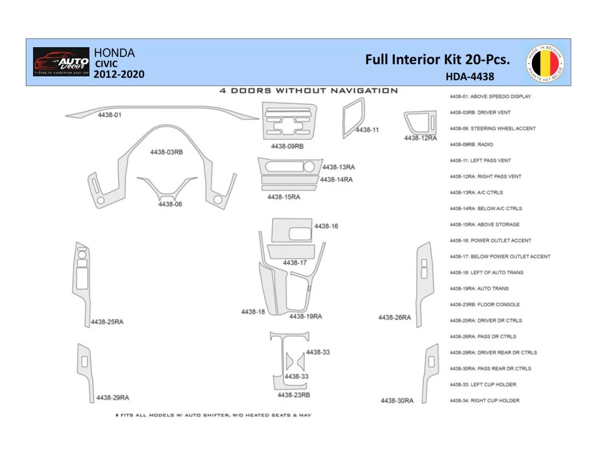 Honda Civic X 2012-2015 Interior WHZ Dashboard trim kit 20 Parts - 1 - Interior Dash Trim Kit
