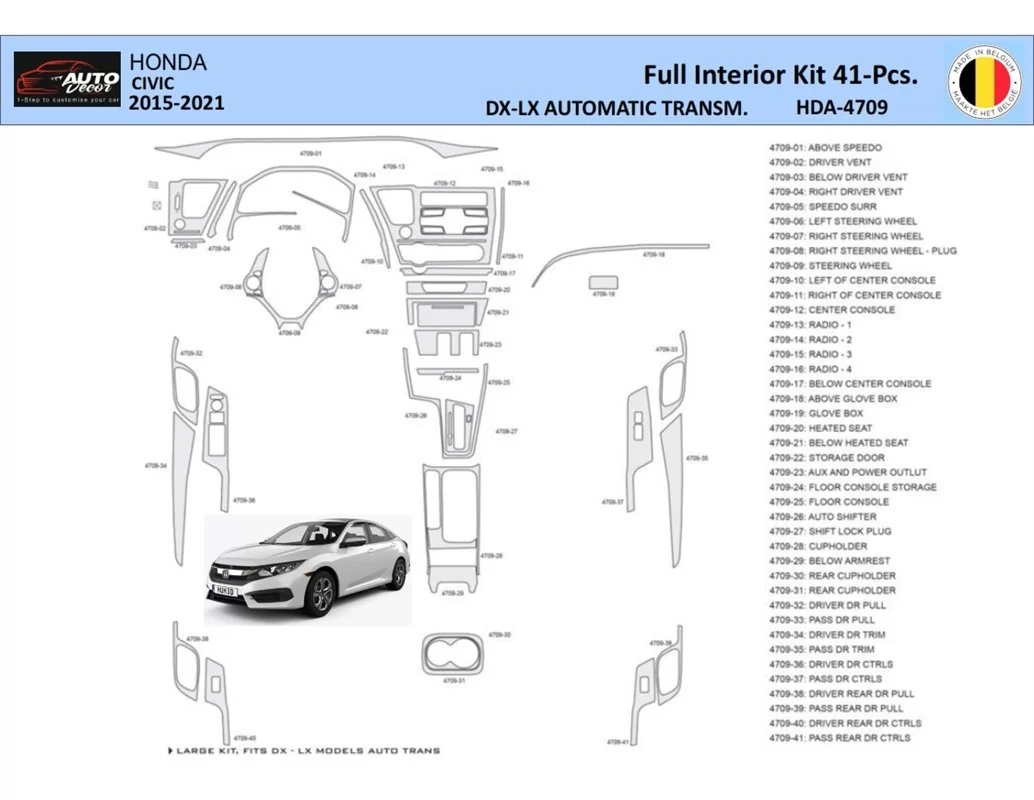Honda Civic XI 2015-2021 Interior WHZ Dashboard trim kit 41 Parts - 1 - Interior Dash Trim Kit