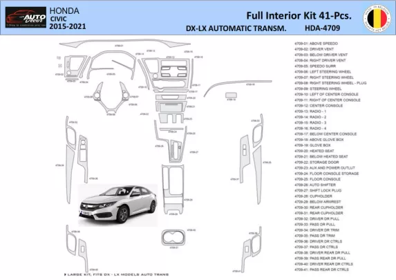 Honda Civic XI 2015-2021 Interior WHZ Dashboard trim kit 41 Parts - 1 - Interior Dash Trim Kit