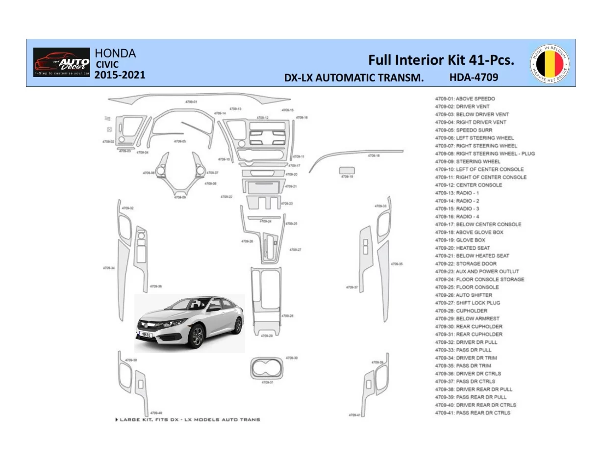 Honda Civic XI 2015-2021 Interior WHZ Dashboard trim kit 41 Parts - 1 - Interior Dash Trim Kit