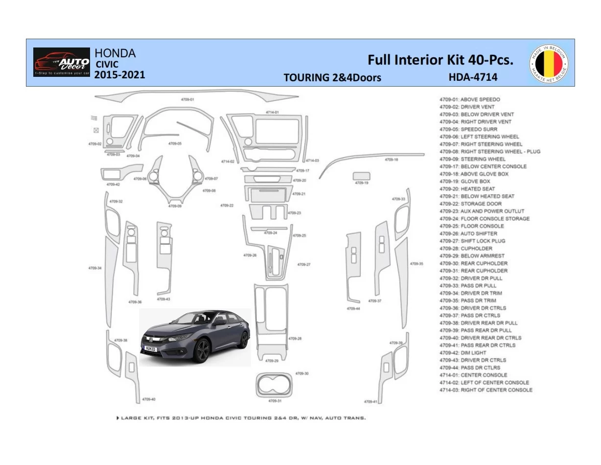 Honda Civic XI 2015-2021 Interior WHZ Dashboard trim kit 40 Parts - 1 - Interior Dash Trim Kit