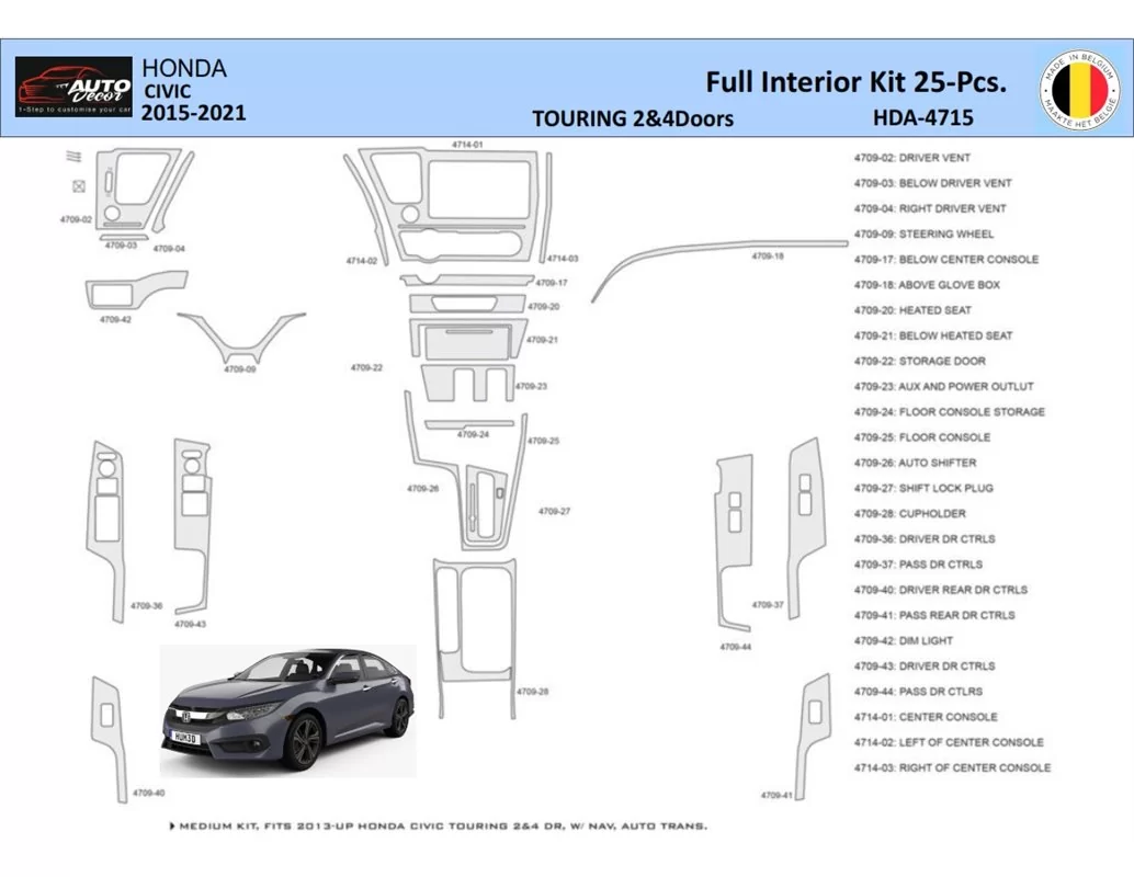 Honda Civic XI 2015-2021 Interior WHZ Dashboard trim kit 25 Parts - 1 - Interior Dash Trim Kit