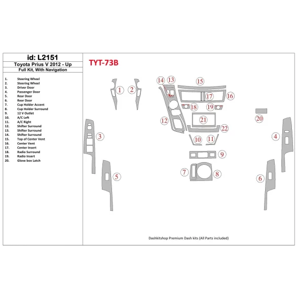 Toyota Pius V 2012-UP Full Set, With NAVI Interior BD Dash Trim Kit