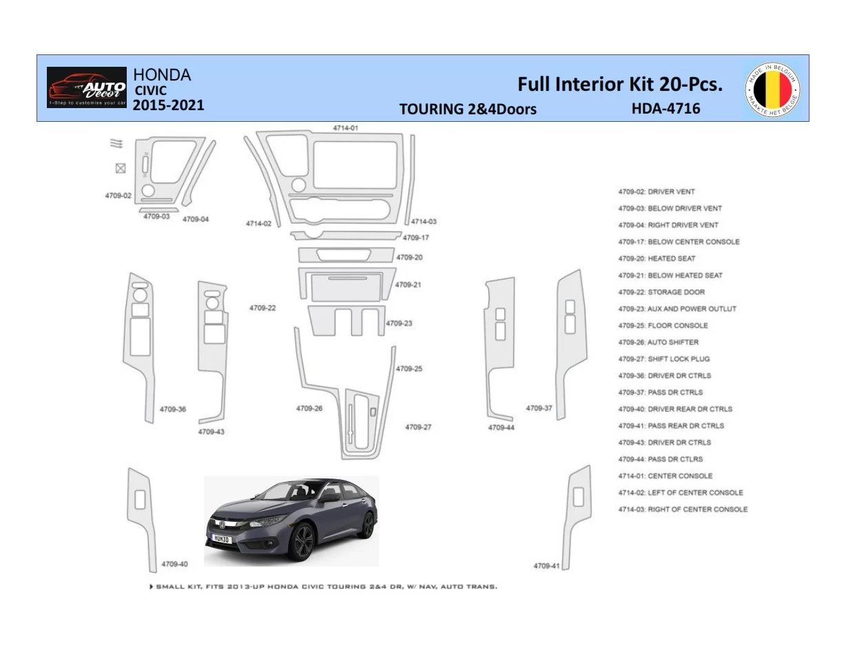 Honda Civic XI 2015-2021 Interior WHZ Dashboard trim kit 20 Parts - 1 - Interior Dash Trim Kit
