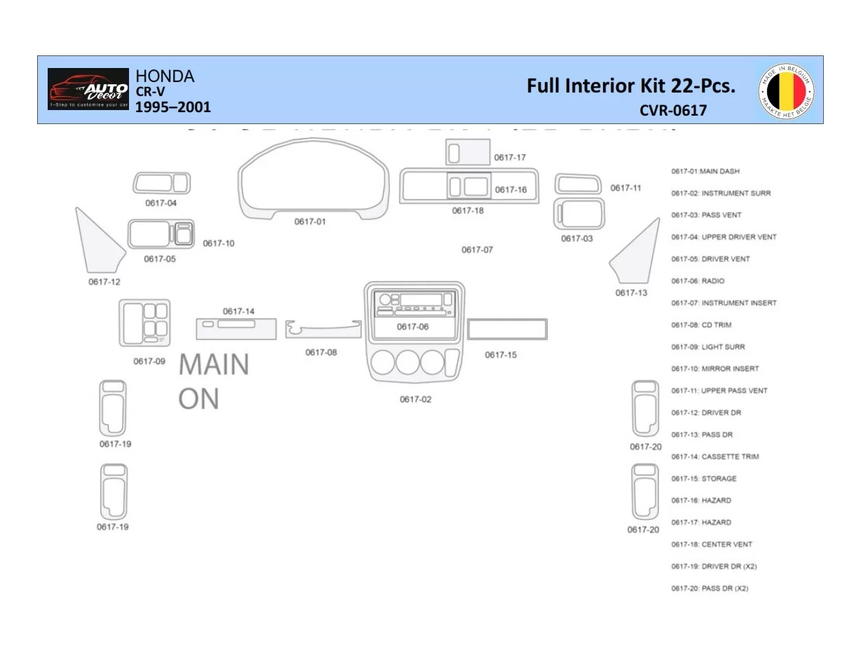 Honda CR-V 1997-2002 Interior WHZ Dashboard trim kit 22 Parts - 1 - Interior Dash Trim Kit